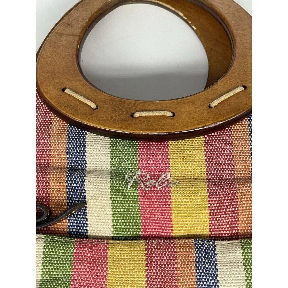 RELIC Wooden Handled Purse Pink, Tan and Orange‎ Stripes Coastal Bohemian Beach